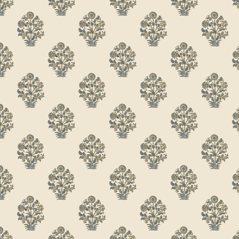North and Finch Afton Block Print wallpaper featuring a vibrant, geometric pattern in blue, green, and white tones.