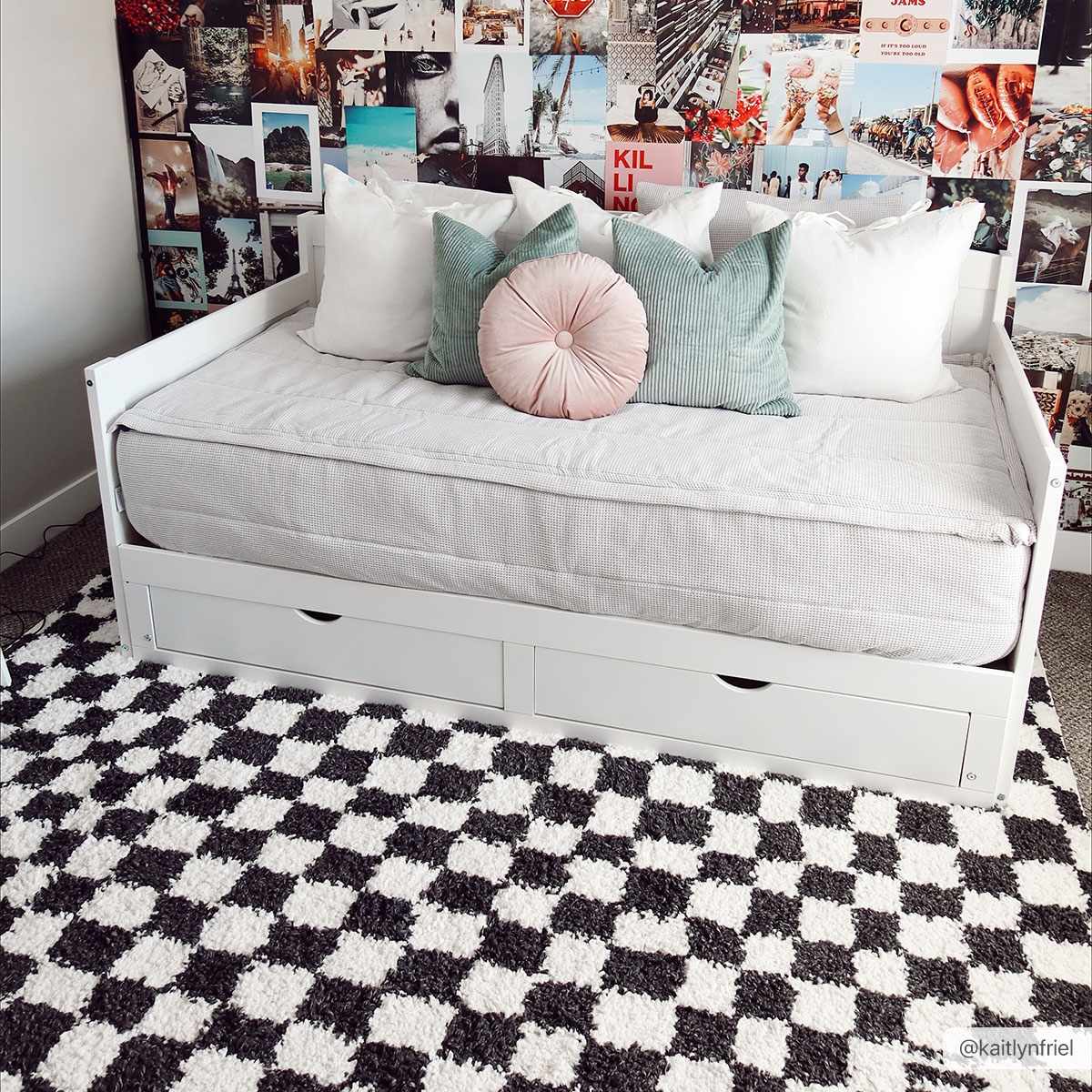 Black and white checkered shag rug by Boutique Rugs featuring a soft, textured surface and bold geometric pattern.