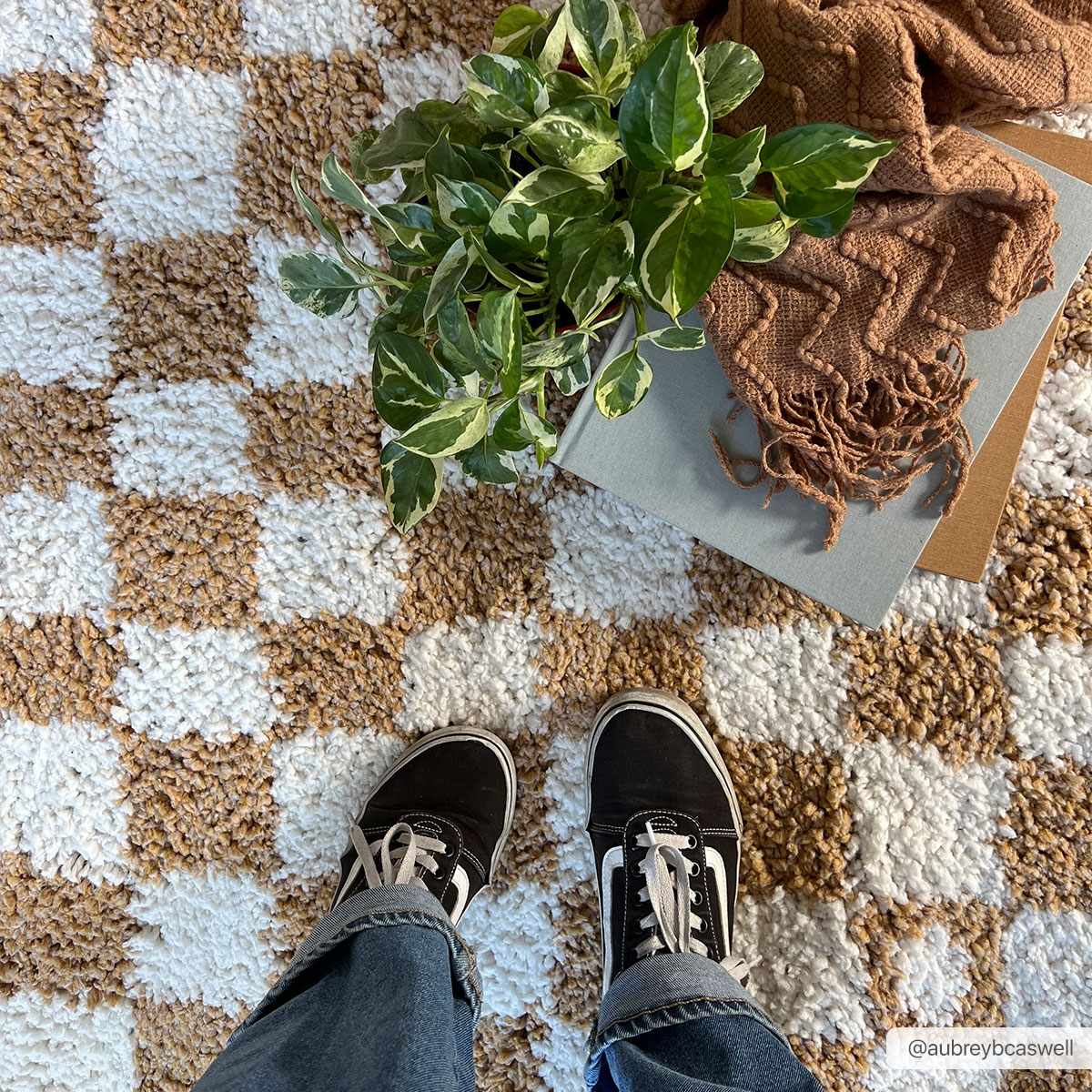 Kieu mustard and ivory checkered area rug by Boutique Rugs, featuring a yellow and white woven pattern for home decor.
