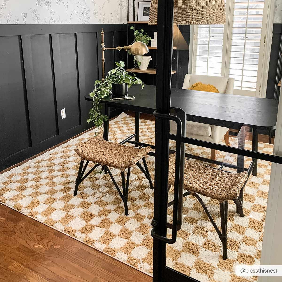 Mustard and ivory checkered area rug by Boutique Rugs, featuring a stylish yellow and white pattern for living room decor.
