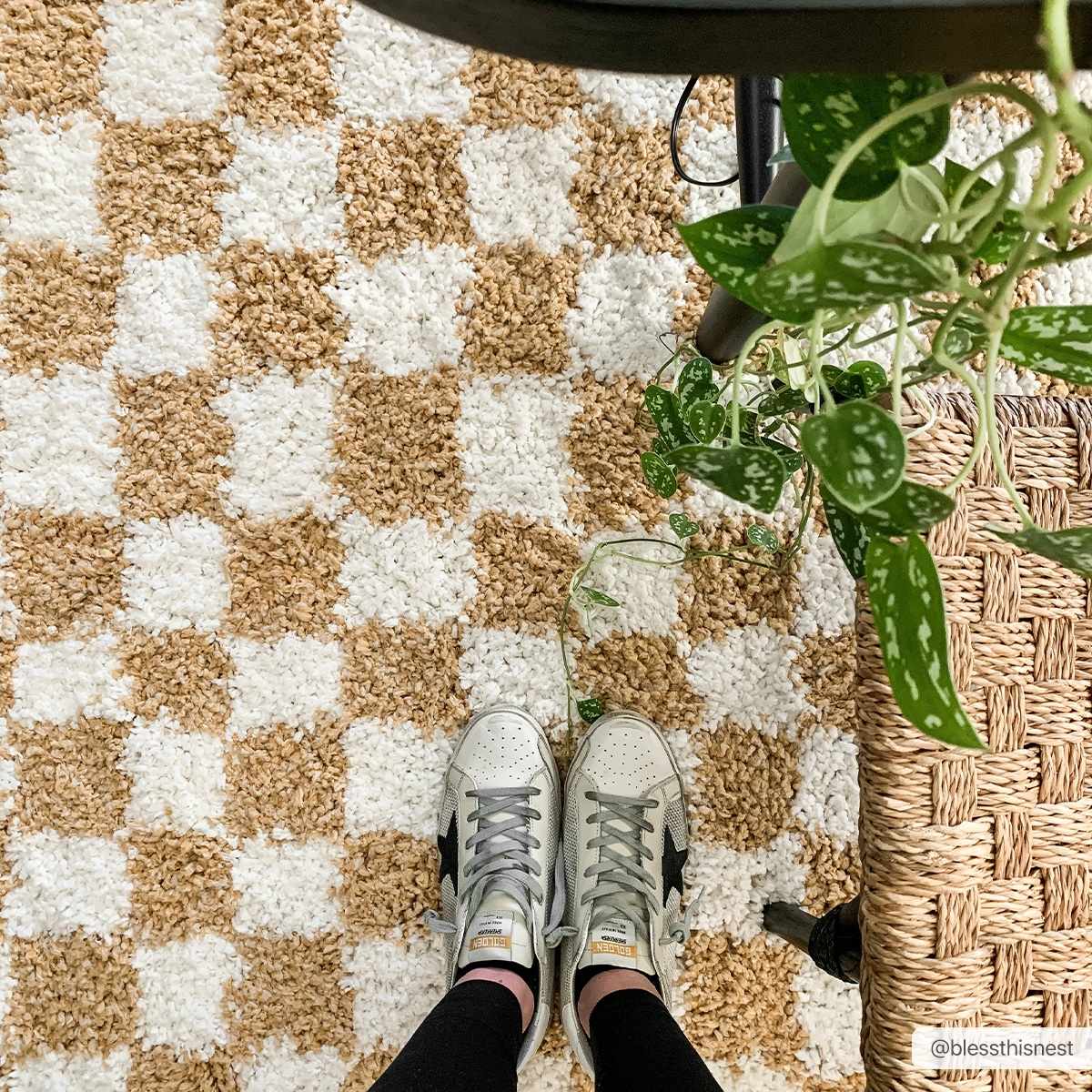 Kieu Mustard and Ivory Checkered Area Rug by Boutique Rugs, featuring a yellow and white checkered pattern for living room decor