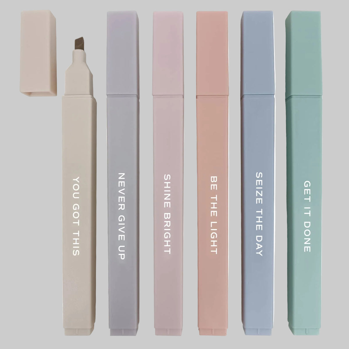 Set of six neutral-colored BlackbirdOak highlighters with kraft paper packaging, featuring muted shades for subtle highlighting.