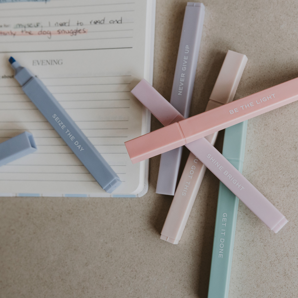 BlackbirdOak neutral highlighter set with six muted colors, shown with kraft paper and scissors on a white background.