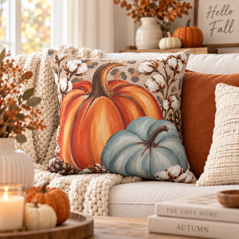Autumn Pumpkins Pillow by Kraft Paper Scissors featuring cotton fabric and blue pumpkins for fall home decor.