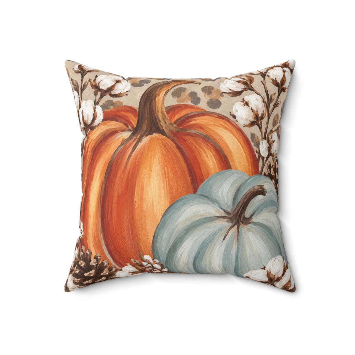 Autumn Pumpkins Pillow by Kraft Paper Scissors featuring blue pumpkins and fall-themed cotton fabric for cozy home decor.