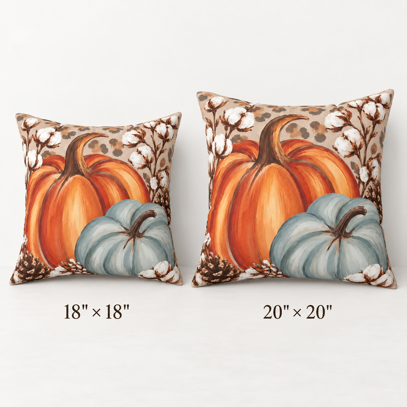 Autumn Pumpkins Pillow by Kraft Paper Scissors featuring blue pumpkins and fall-themed cotton design, 18x18 inch home decor throw pillow.