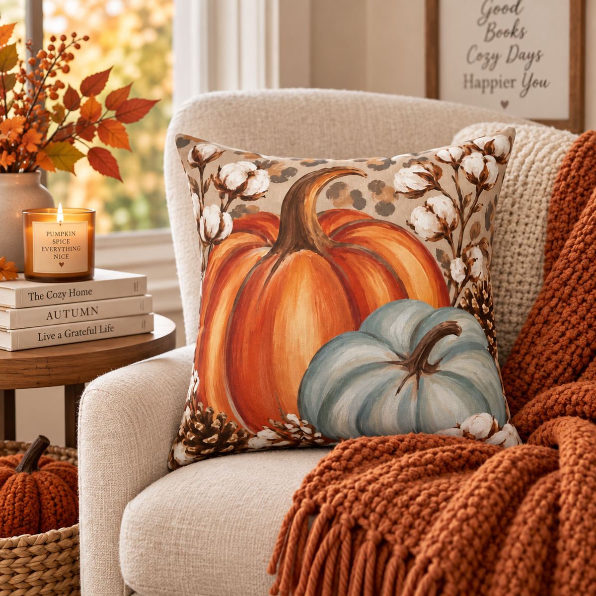 Autumn Pumpkins Pillow by Kraft Paper Scissors featuring fall pumpkin and blue pumpkin designs on cotton throw pillow for home decor.