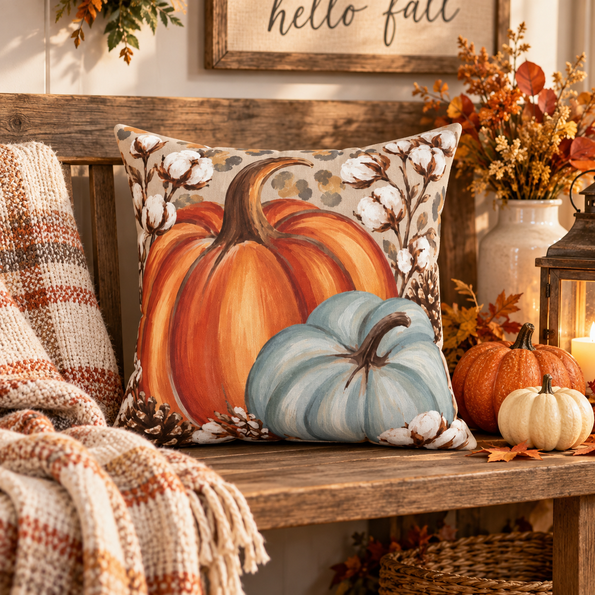 Autumn Pumpkins Pillow by Kraft Paper Scissors, 18x18 cotton fall pumpkin throw pillow with blue pumpkins for home decor.