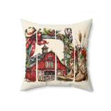 Barn and cowboy boots farmhouse Christmas throw pillow by Kraft Paper Scissors, soft fabric decor with rustic barn and cowboy boot design.
