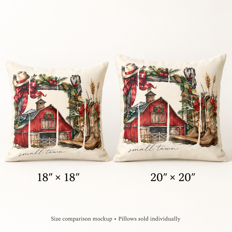 Barn and cowboy boots farmhouse Christmas throw pillow by Kraft Paper Scissors, cozy home decor with rustic farm theme.