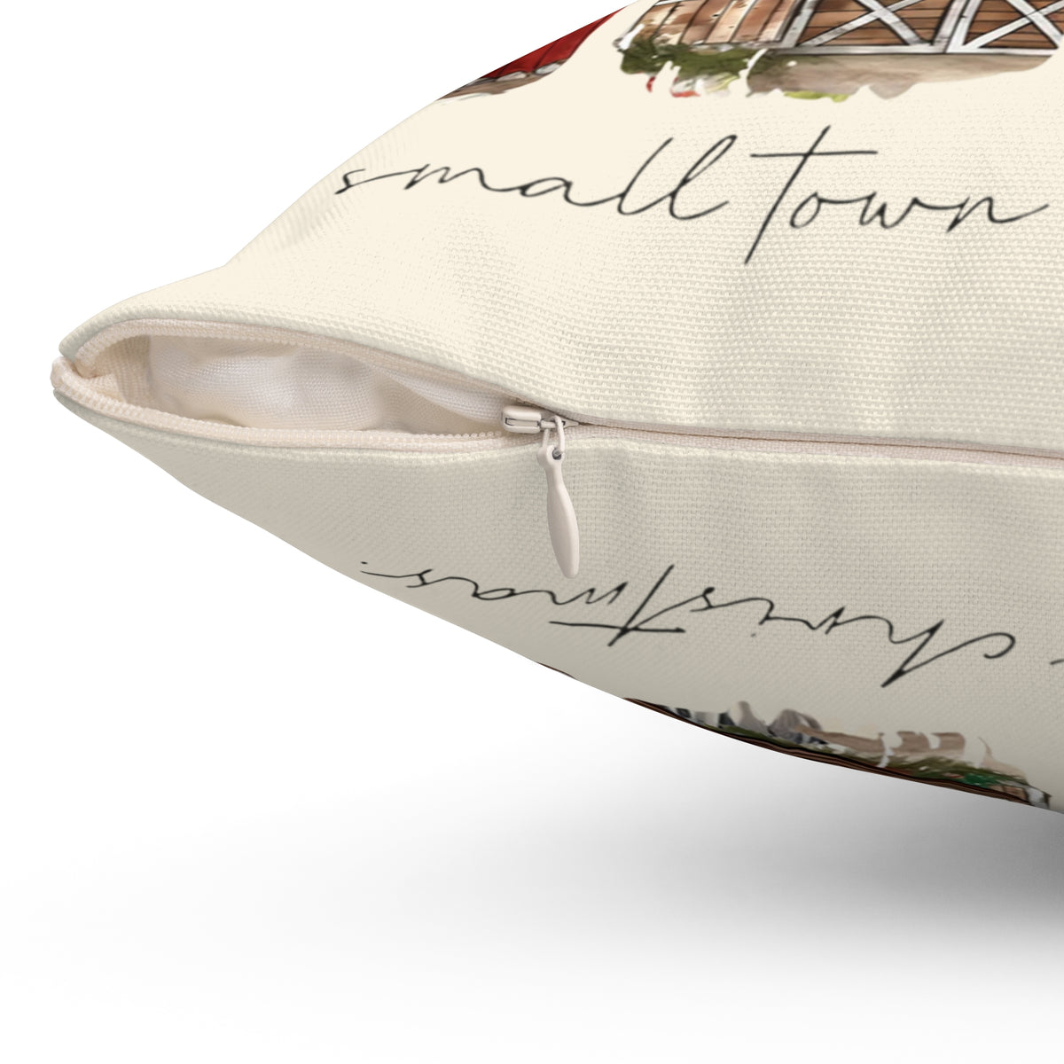 Farmhouse Christmas throw pillow featuring barn and cowboy boots design, Kraft Paper Scissors home decor accent.
