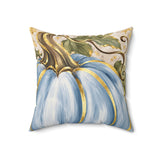 Blue pumpkin throw pillow with elegant gold accents, perfect for fall decor, from Kraft Paper Scissors.