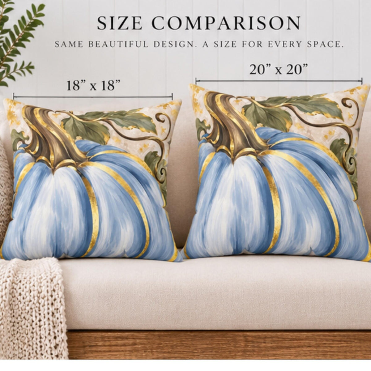 Blue pumpkin throw pillow with elegant gold accents, Kraft Paper Scissors home decor, 18x18-inch fall-themed decorative pillow.