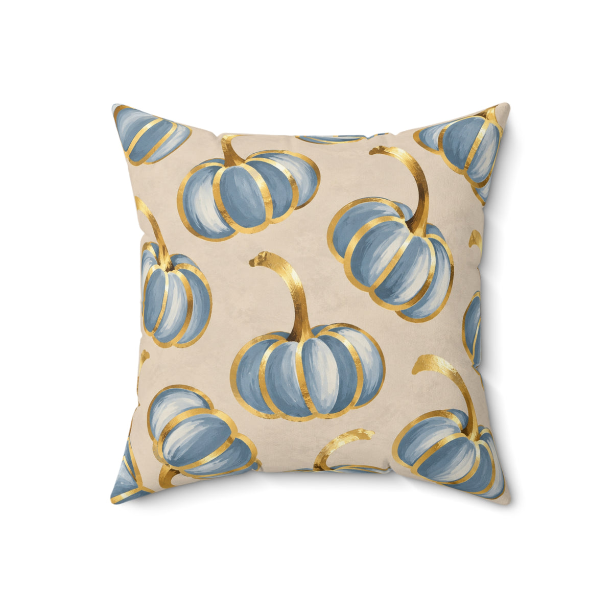 Blue pumpkin throw pillow with gold accents, Kraft Paper Scissors home decor, 18x18 inch fall accent pillow.