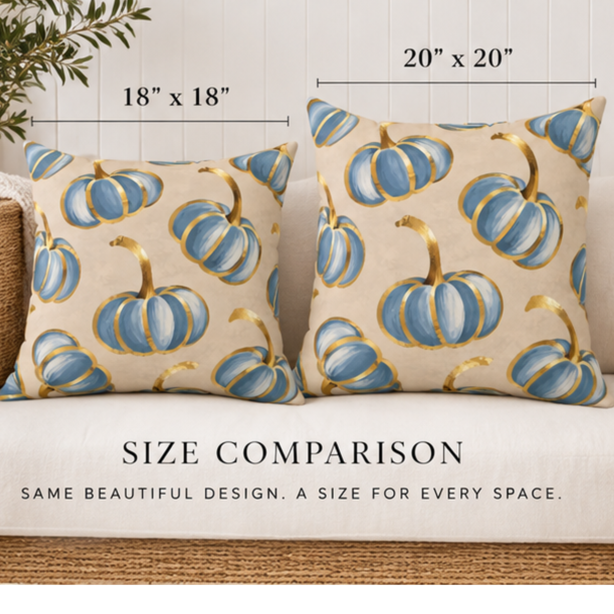 Blue pumpkin throw pillow with gold accents, Kraft Paper Scissors home decor, 18x18 inch fall accent pillow.