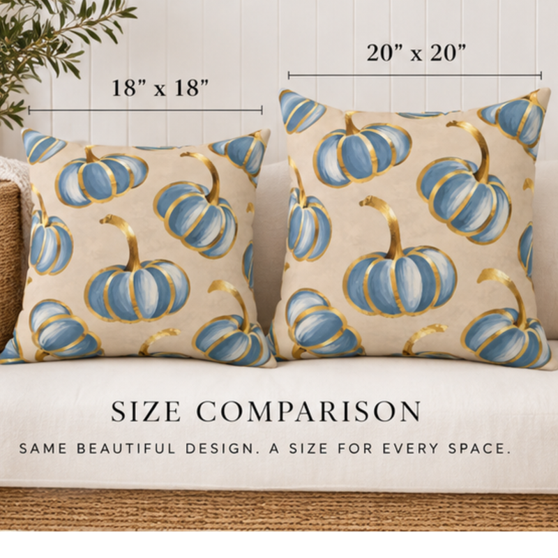 Blue pumpkin throw pillow with gold accents, Kraft Paper Scissors home decor, 18x18 inch fall accent pillow.