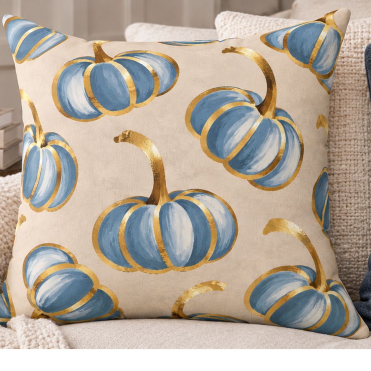 Blue pumpkin throw pillow with gold accents, Kraft Paper Scissors home decor, 18x18-inch fall-themed accent pillow.