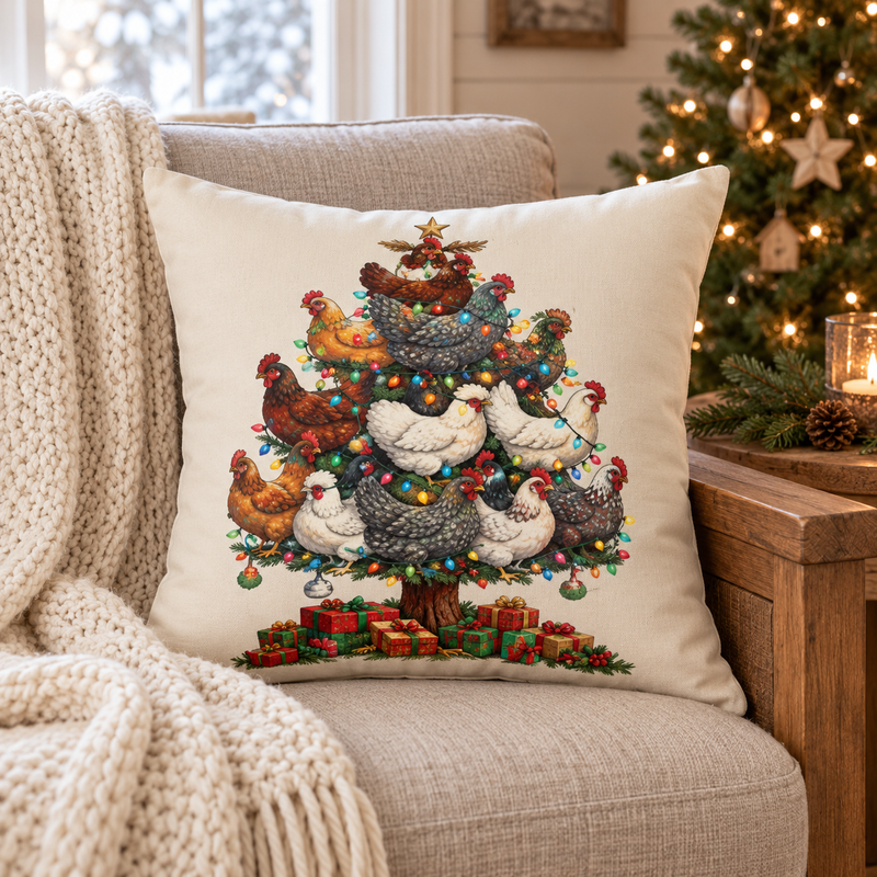 Chicken Christmas Tree Pillow from Kraft Paper Scissors, holiday farmhouse throw pillow with festive chicken and Christmas tree design.