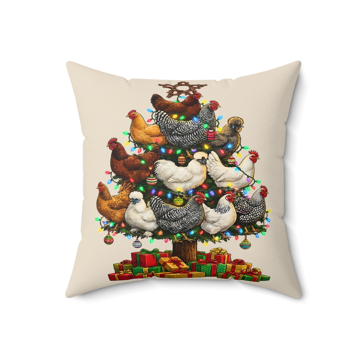 Chicken Christmas Tree Pillow by Kraft Paper Scissors, festive farmhouse home decor throw pillow with holiday-themed chicken design.