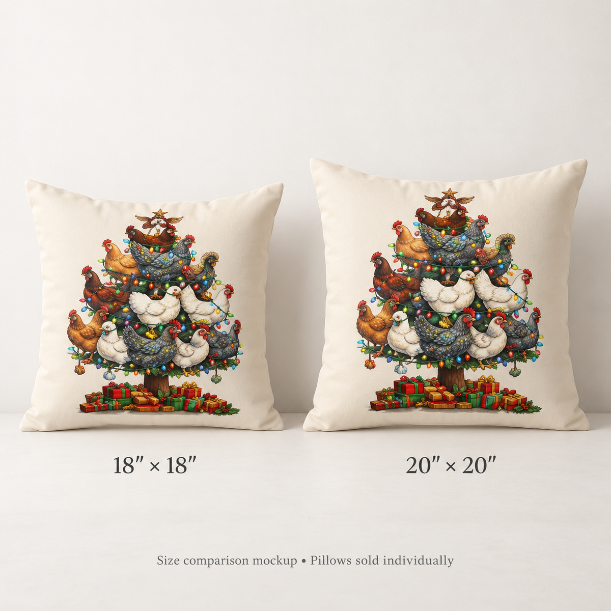 Chicken Christmas Tree Pillow by Kraft Paper Scissors, holiday farmhouse throw pillow with festive chicken and Christmas tree design.