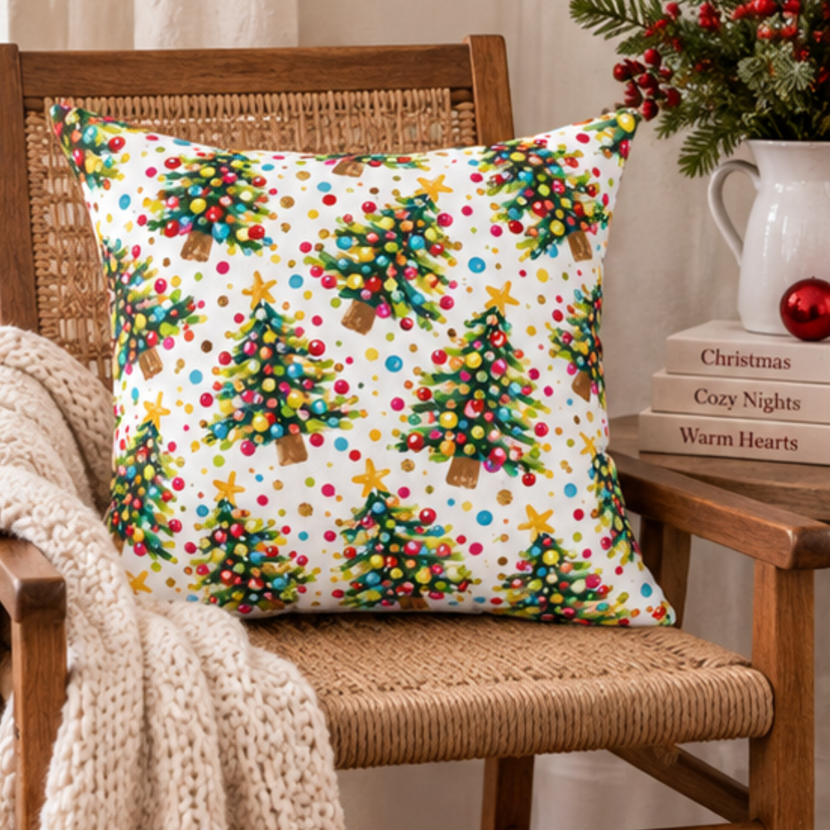 Colorful Mini Christmas Trees pillow by Kraft Paper Scissors, bright holiday throw pillow for festive home decor, 18x18 inches.