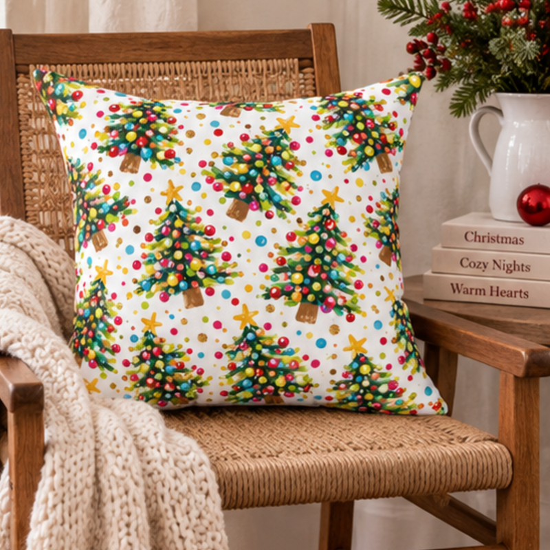 Colorful Mini Christmas Trees pillow by Kraft Paper Scissors, bright holiday throw pillow for festive home decor, 18x18 inches.