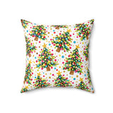 Colorful Mini Christmas Trees throw pillow by Kraft Paper Scissors, bright holiday home decor accent, 18x18 inches.