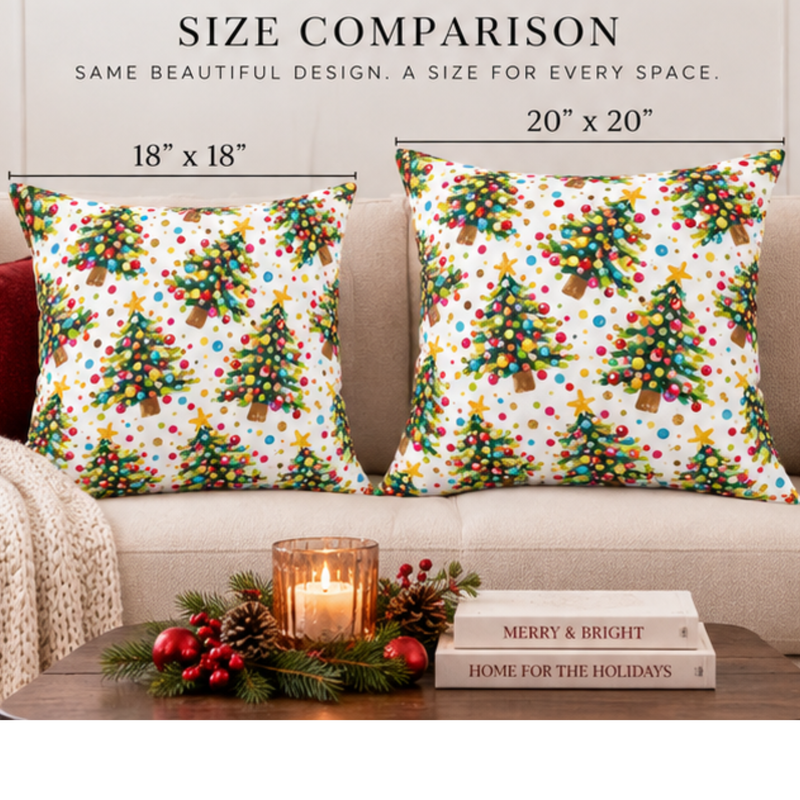 Bright colorful Christmas trees pillow, Kraft Paper Scissors home decor throw pillow with festive holiday design on 18x18 fabric.