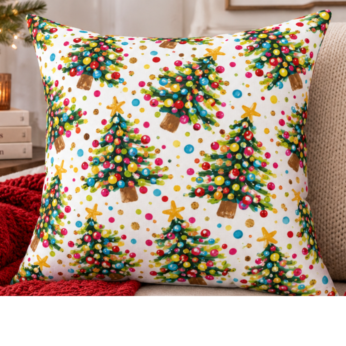 Colorful Mini Christmas Trees Pillow by Kraft Paper Scissors, bright holiday throw pillow for festive home decor, 18x18 inches.