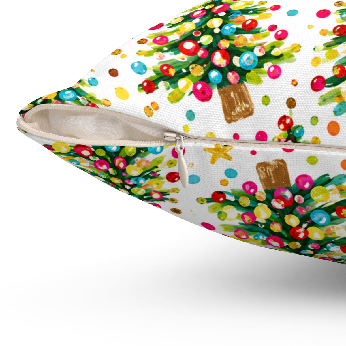 Colorful Mini Christmas Trees throw pillow by Kraft Paper Scissors, festive home decor for holiday decorating.