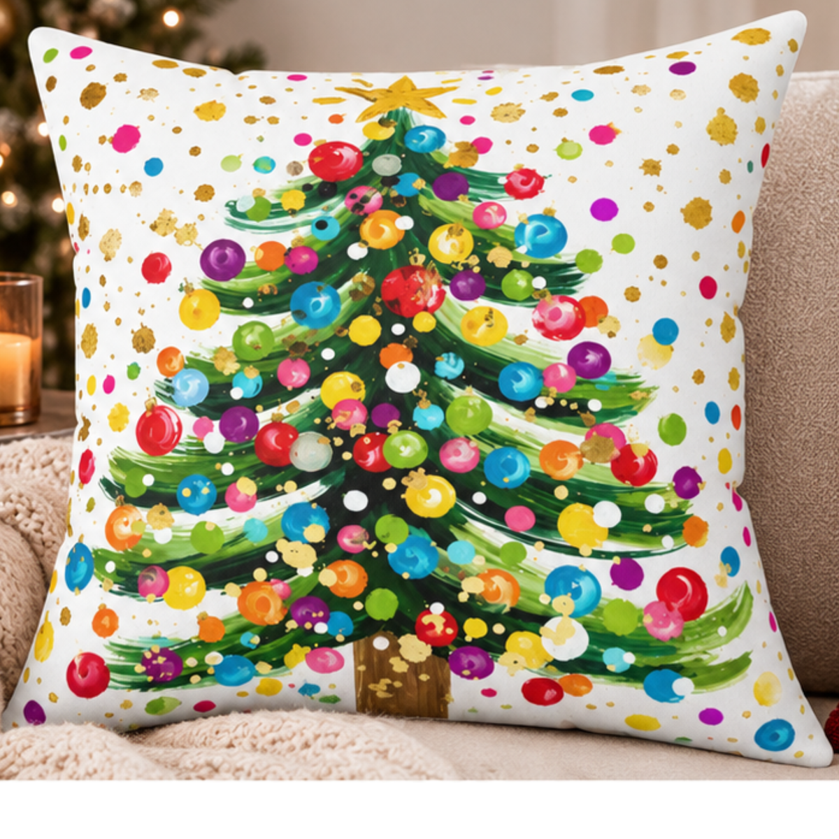 Colorful Christmas Tree throw pillow from BlackbirdOak featuring a vibrant holiday design on 18x18 kraft paper background.
