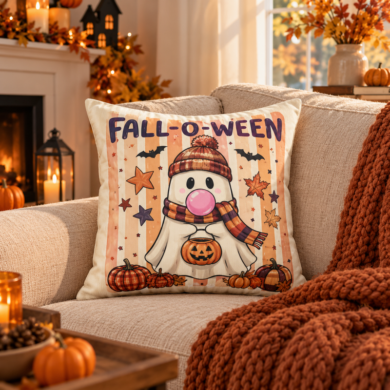 Fall-O-Ween Ghost throw pillow by Kraft Paper Scissors featuring a cute pumpkin and knit hat, perfect for Halloween home decor.