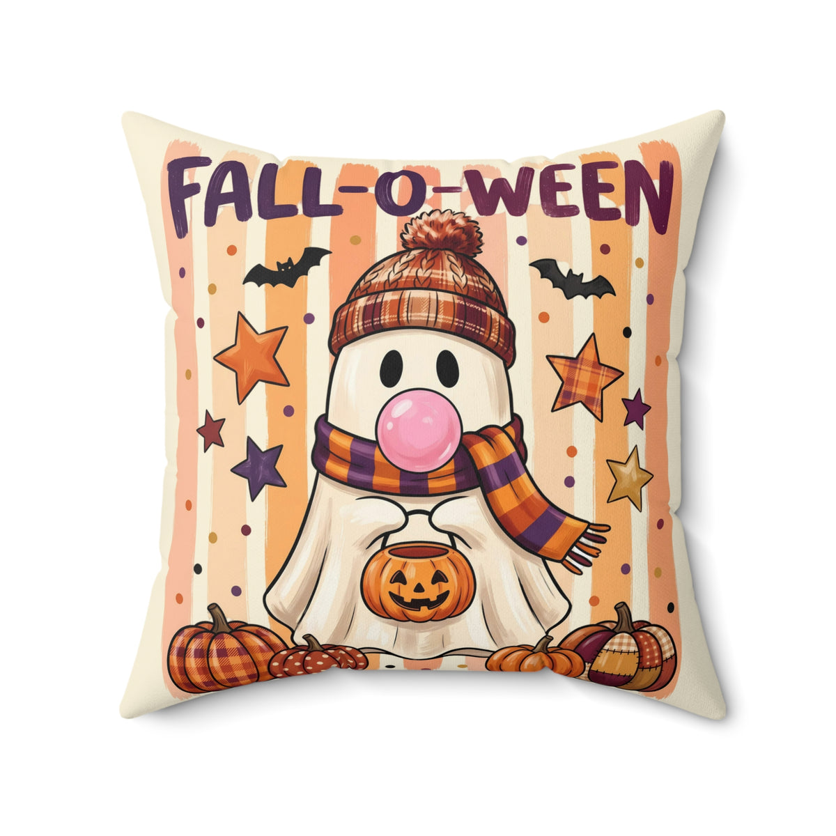 Fall-O-Ween Ghost Pillow by Kraft Paper Scissors featuring a cute pumpkin and knit hat, perfect for Halloween home decor.