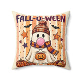 Fall-O-Ween Ghost Pillow by Kraft Paper Scissors featuring a cute pumpkin and knit hat, perfect for Halloween home decor.