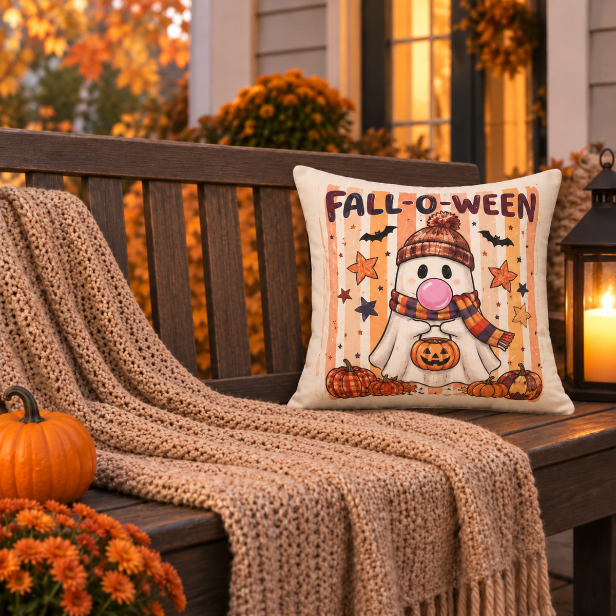 Fall-O-Ween Ghost throw pillow by Kraft Paper Scissors featuring a cute pumpkin and knit hat for Halloween home decor.