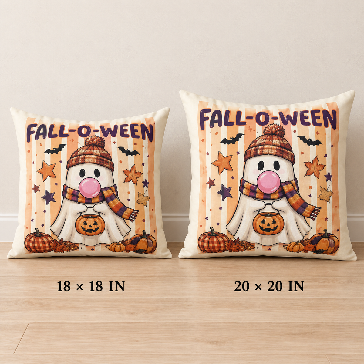 Fall-O-Ween Ghost Throw Pillow by Kraft Paper Scissors featuring a cute pumpkin and knit hat for Halloween home decor.