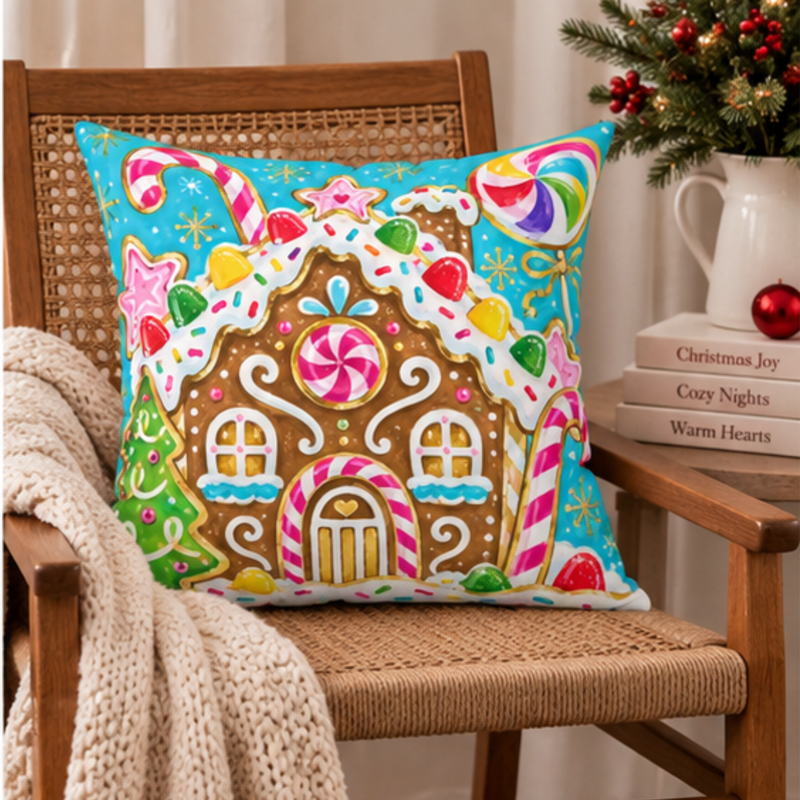 Colorful gingerbread house Christmas throw pillow by Kraft Paper Scissors, cozy home decor for holiday decor.