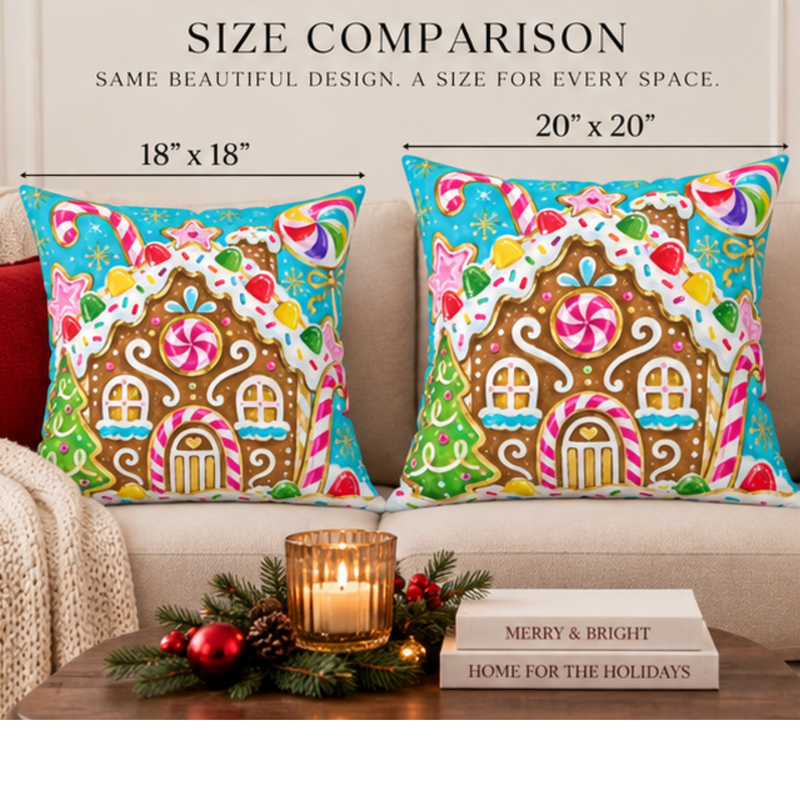 Colorful gingerbread house pillow from Kraft Paper Scissors, a festive Christmas throw pillow for cozy home decor.