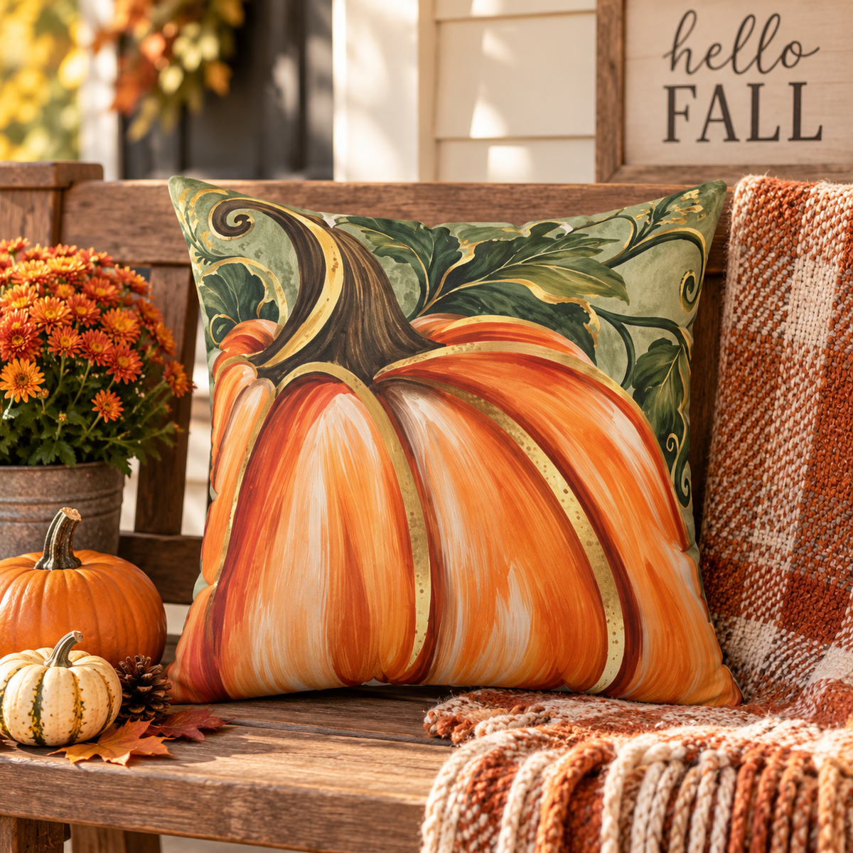 Hand-painted pumpkin pillow by Kraft Paper Scissors, 18x18-inch spun polyester square pillow for fall and autumn home decor.