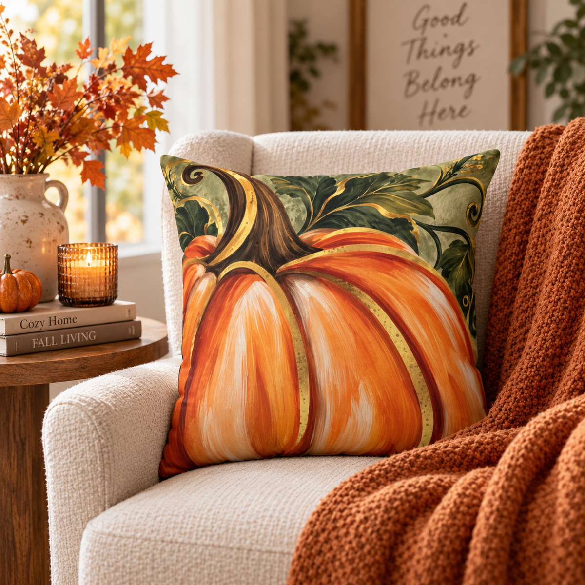 Hand-painted pumpkin pillow by Kraft Paper Scissors, 18x18-inch square home decor pillow with fall autumn-themed design.