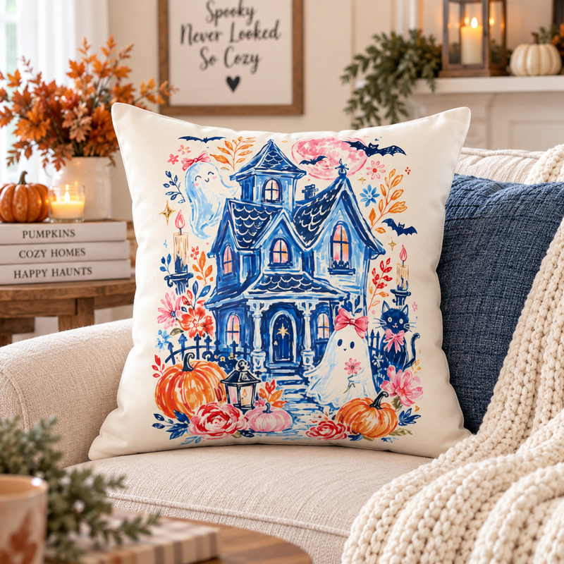 Haunted Cottage Illustration Pillow by Kraft Paper Scissors featuring Halloween ghosts, pumpkins, and floral accents for home decor.
