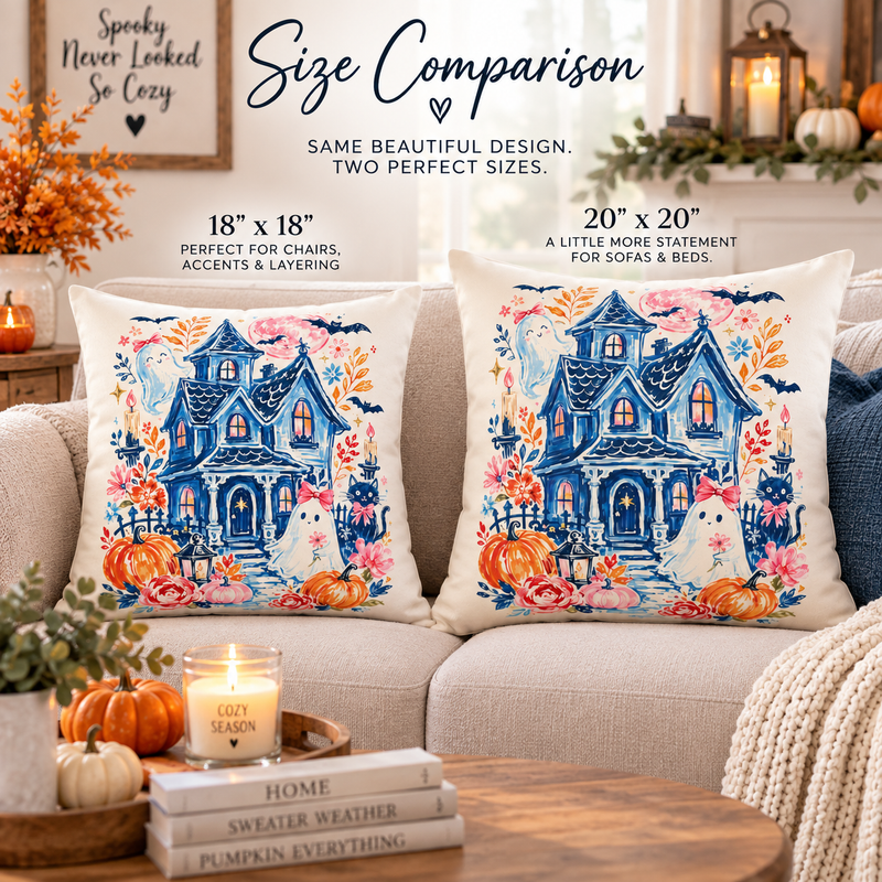 Haunted Cottage Illustration Pillow featuring Halloween ghosts, pumpkins, and floral accents, perfect for spooky home decor.