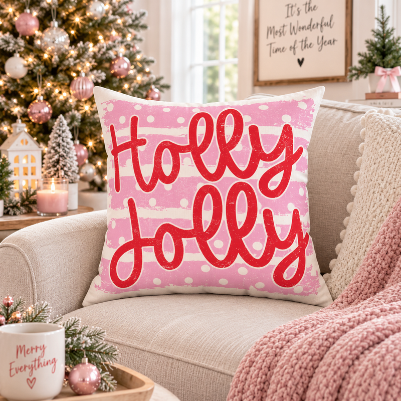 Holly Jolly holiday throw pillow by Kraft Paper Scissors with festive pink script, soft fabric and decorative home decor for the season.
