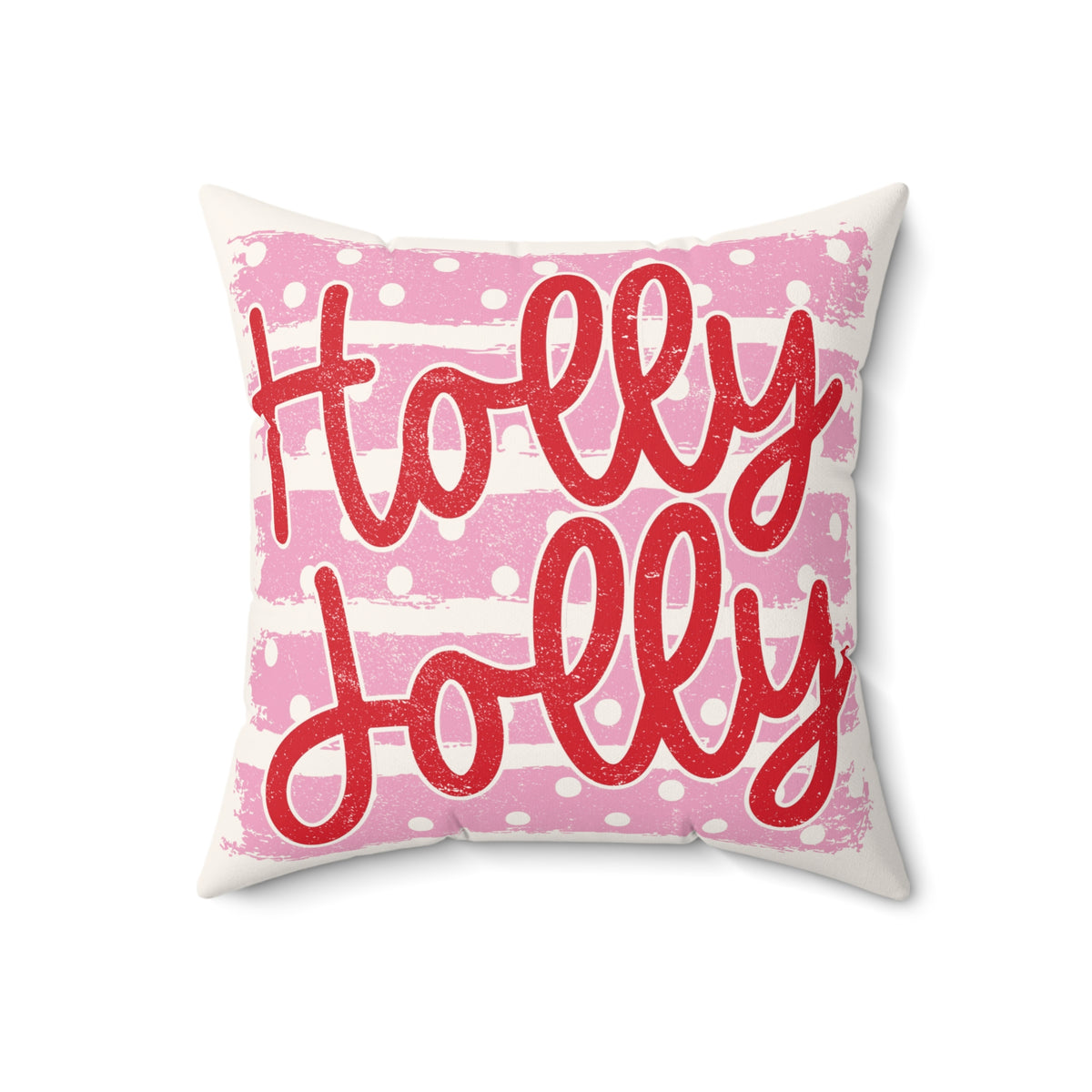 Holly Jolly holiday throw pillow by Kraft Paper Scissors with festive pink script design, 18x18 inches home decor accent.