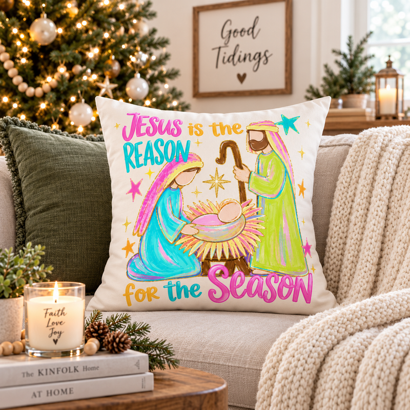Jesus Is the Reason for the Season Christmas throw pillow by Kraft Paper Scissors, featuring nativity-themed home decor design.