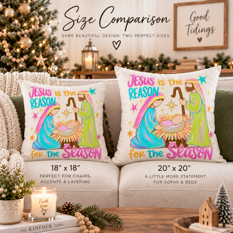 Jesus Is the Reason for the Season Christmas throw pillow by Kraft Paper Scissors, featuring nativity-themed home decor with festive design.