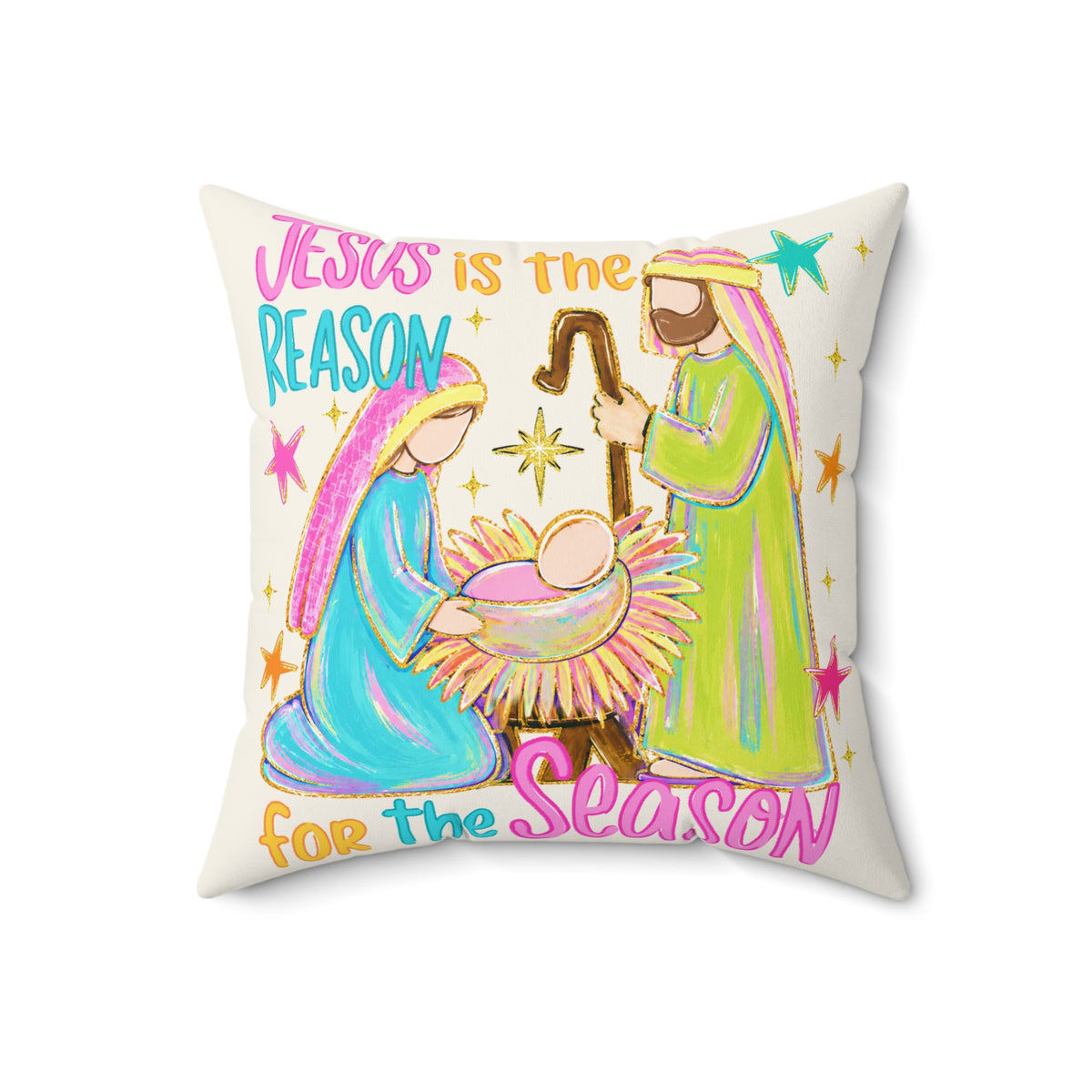 Jesus Is the Reason for the Season Christmas throw pillow by Kraft Paper Scissors, featuring nativity-themed home decor.