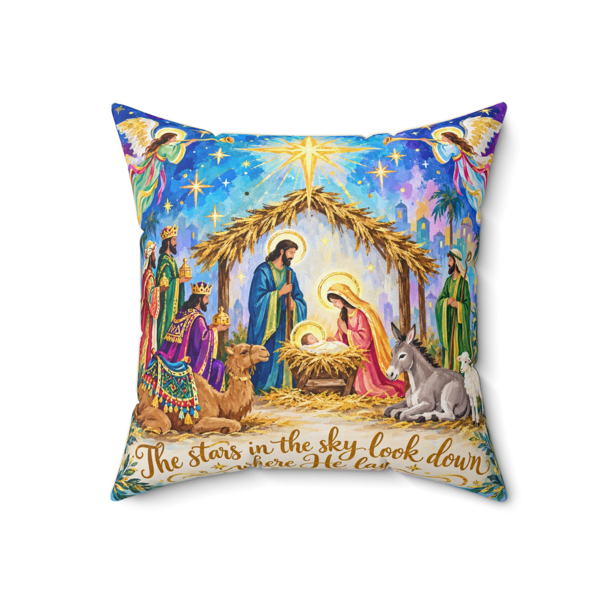 Nativity Scene Christmas Pillow by Kraft Paper Scissors, spun polyester square home decor pillow with festive nativity design.