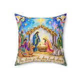 Nativity Scene Christmas Pillow by Kraft Paper Scissors, spun polyester square home decor pillow with festive nativity design.