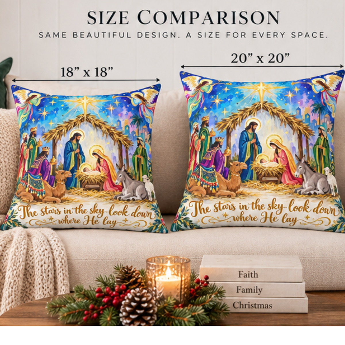 Nativity Scene Christmas Pillow by Kraft Paper Scissors, square home decor pillow with spun polyester fabric featuring festive holiday design